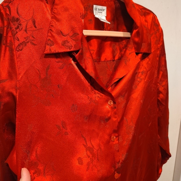 Liz Baker Floral Red Satin Long Sleeve Button Down Shirt Sz 2X Career Casual - Picture 3 of 5